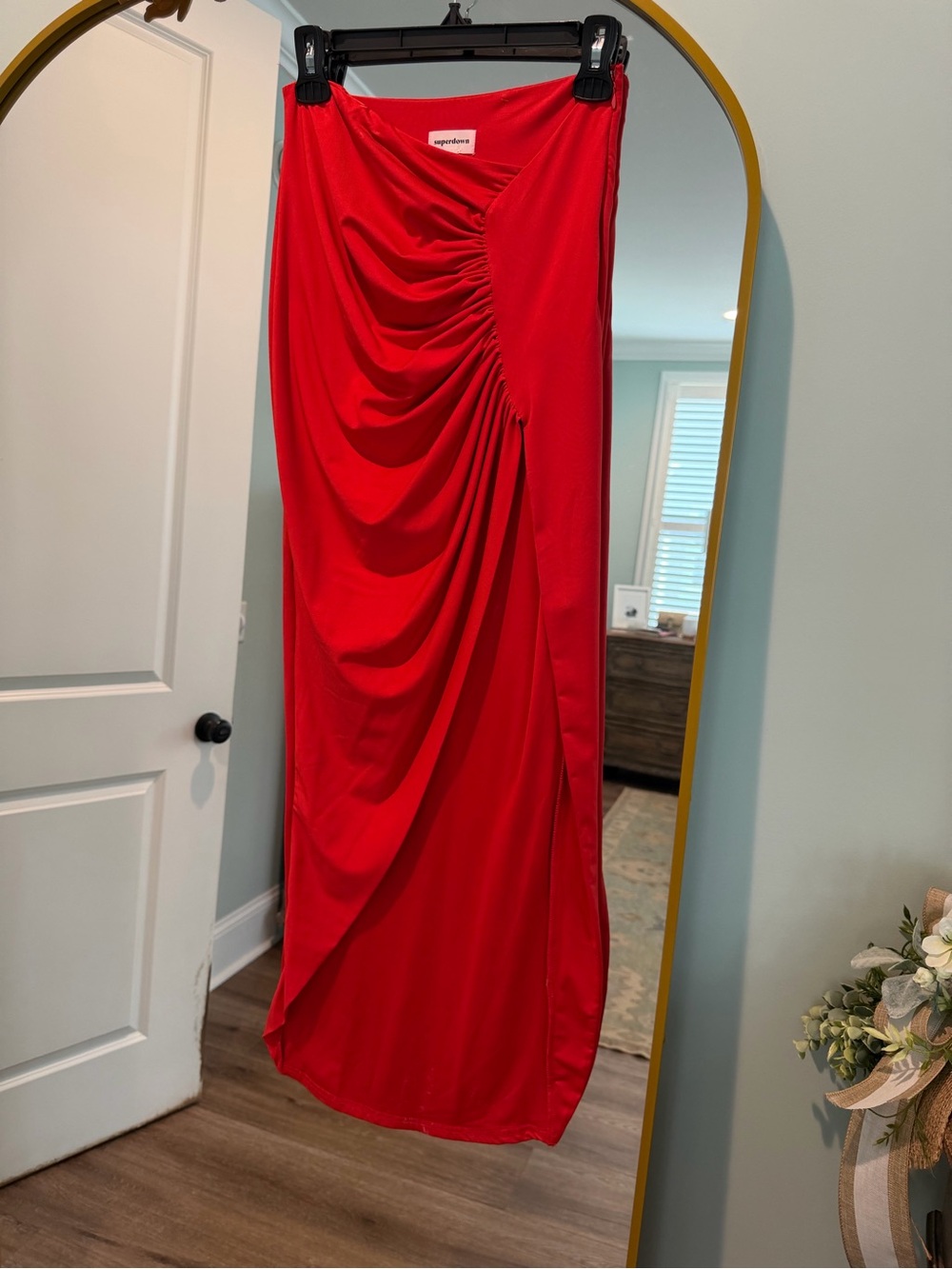 superdown Red Ruched Maxi Skirt